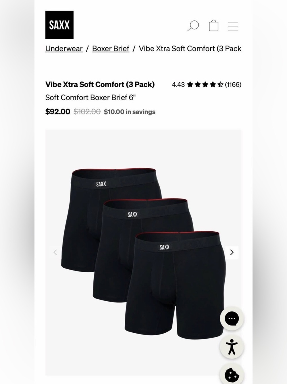 Saxx Vibe Super Soft Boxer Briefs - Black (3 Pack) New in box - Picture 3 of 3